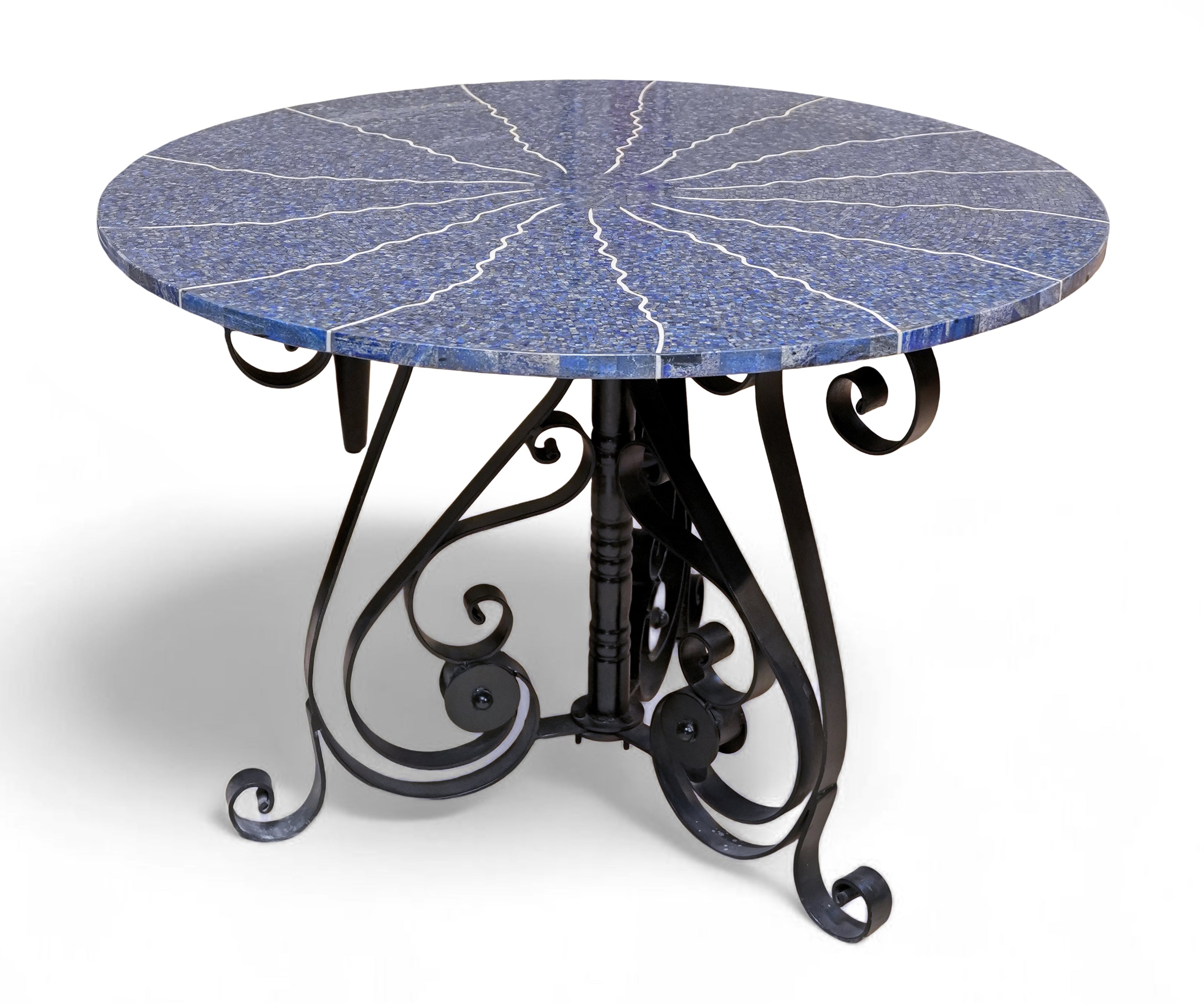 Lapis Lazuli Inlay Round Dining Table with Wrought Iron Base