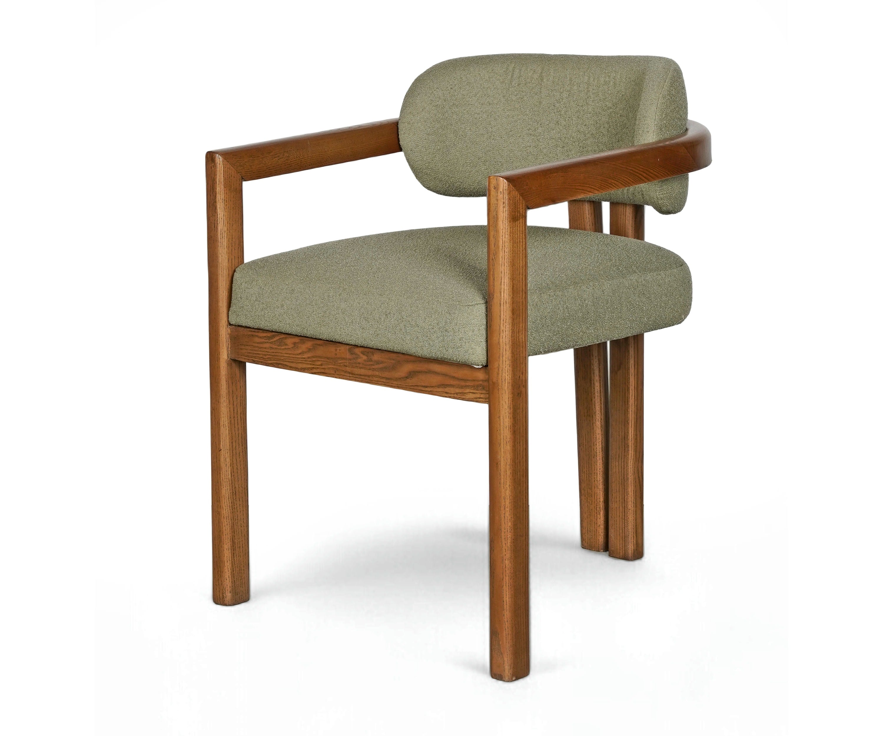 Mid-Century Olive Green Boucle Acacia Wood Dining Armchair