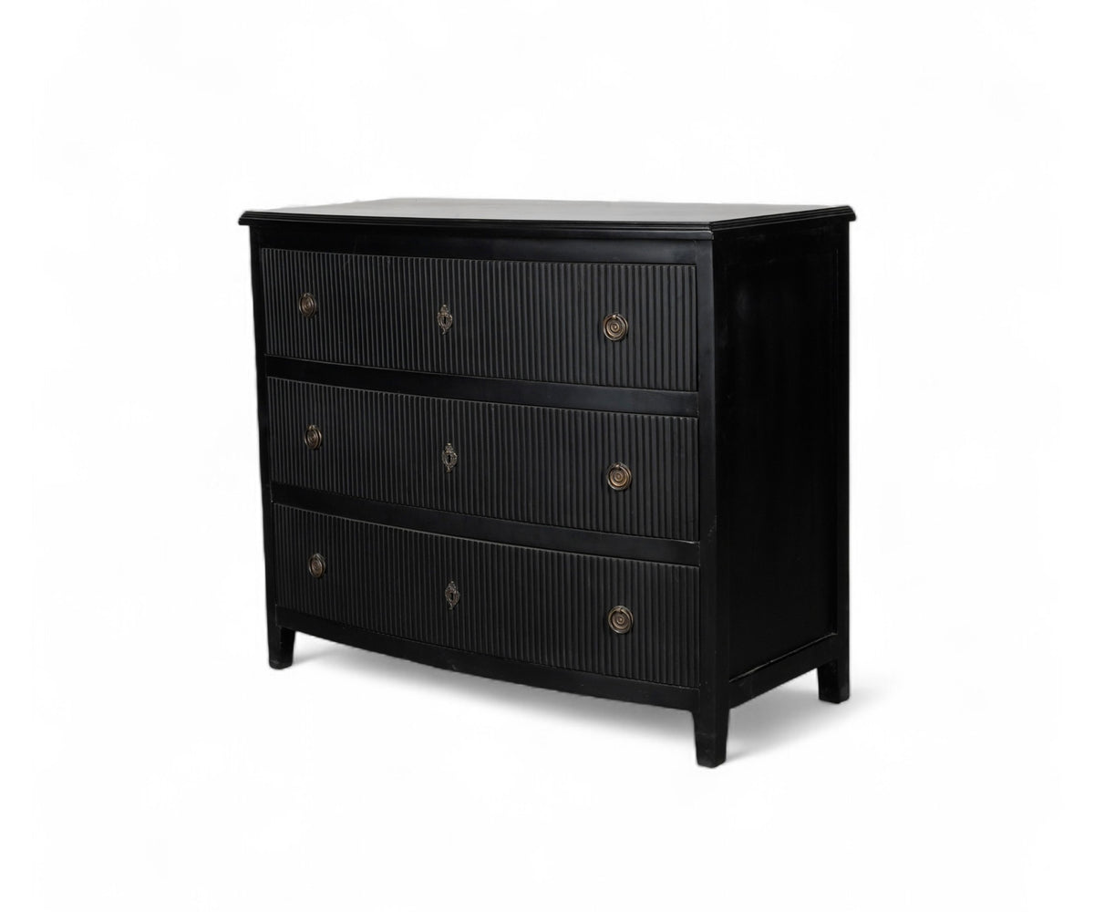 Modern Black Chest of Drawers with Ribbed Front and Brass Knobs