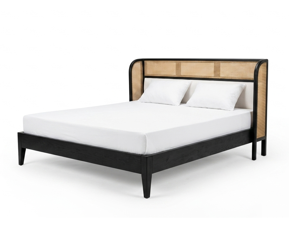 Modern Black Wooden Platform Bed with Rattan Cane Headboard