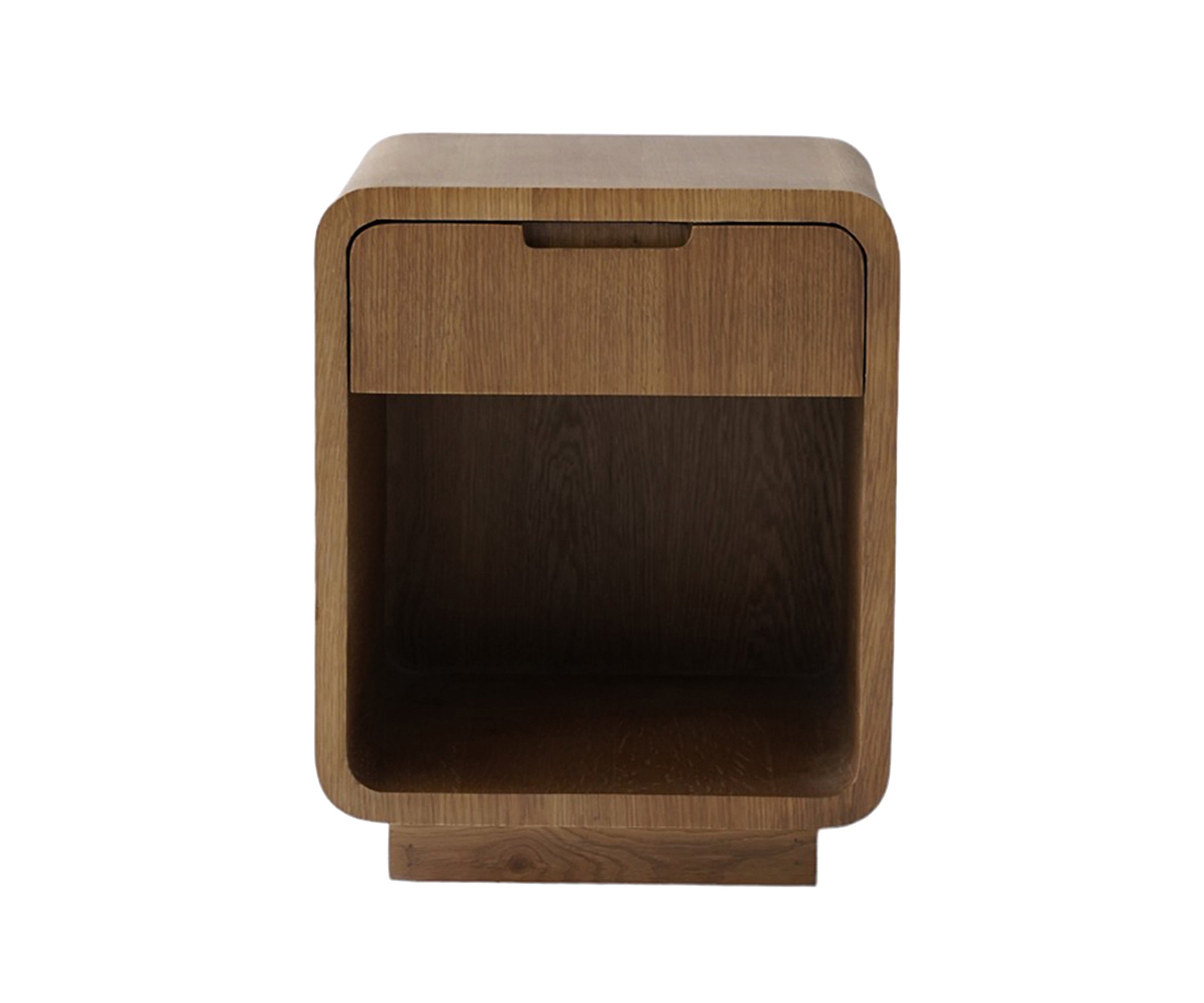 Modern Walnut Oak Curved Nightstand with Recessed Pedestal
