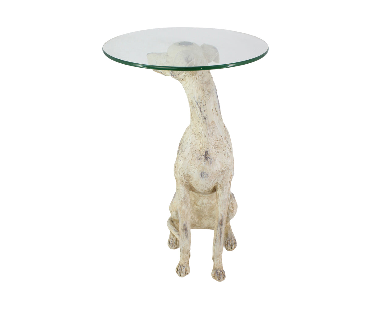 Ivory Hound Sculpture Accent Side Table with Glass Top