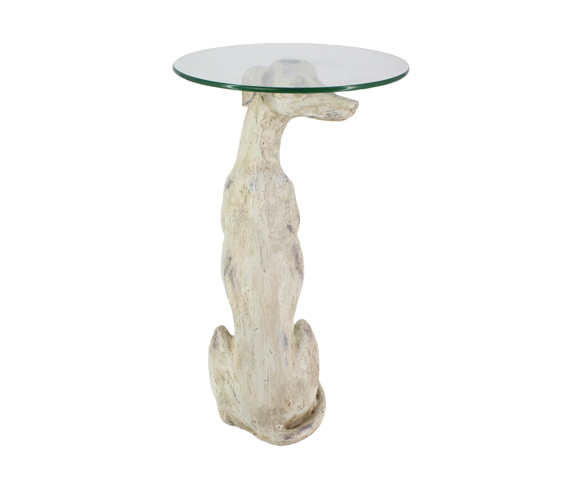 Ivory Hound Sculpture Accent Side Table with Glass Top