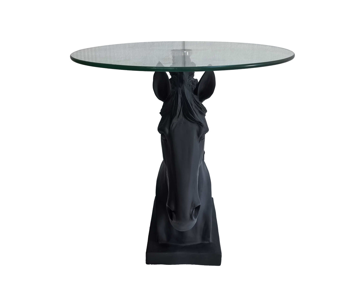 Noir Horse Bust Round Glass-Top Sculptural Side Table