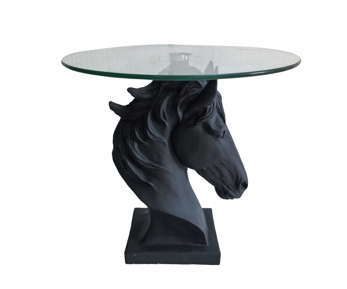 Noir Horse Bust Round Glass-Top Sculptural Side Table