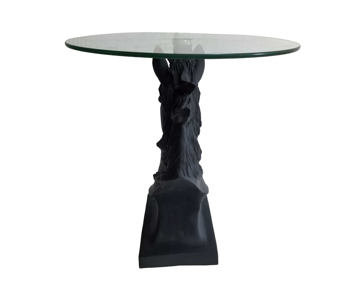 Noir Horse Bust Round Glass-Top Sculptural Side Table