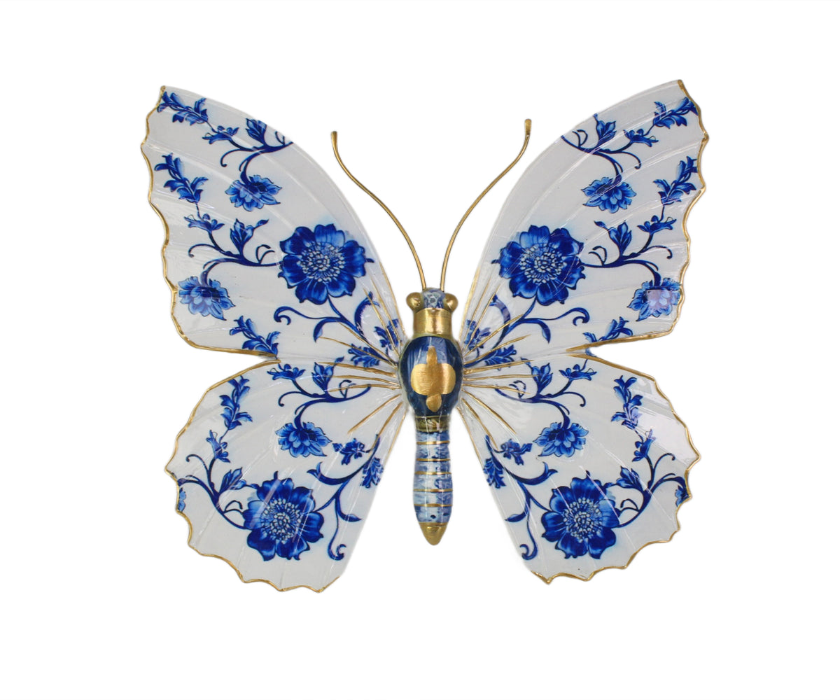 Blue & White Botanical Motif Butterfly Figurine for Wall Decor