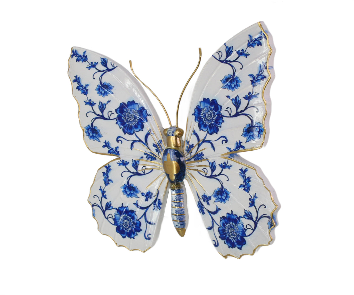 Blue & White Botanical Motif Butterfly Figurine for Wall Decor