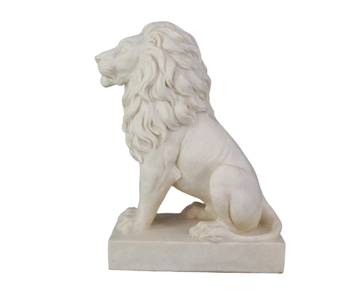 White Seated Lion Sculpture on Square Plinth