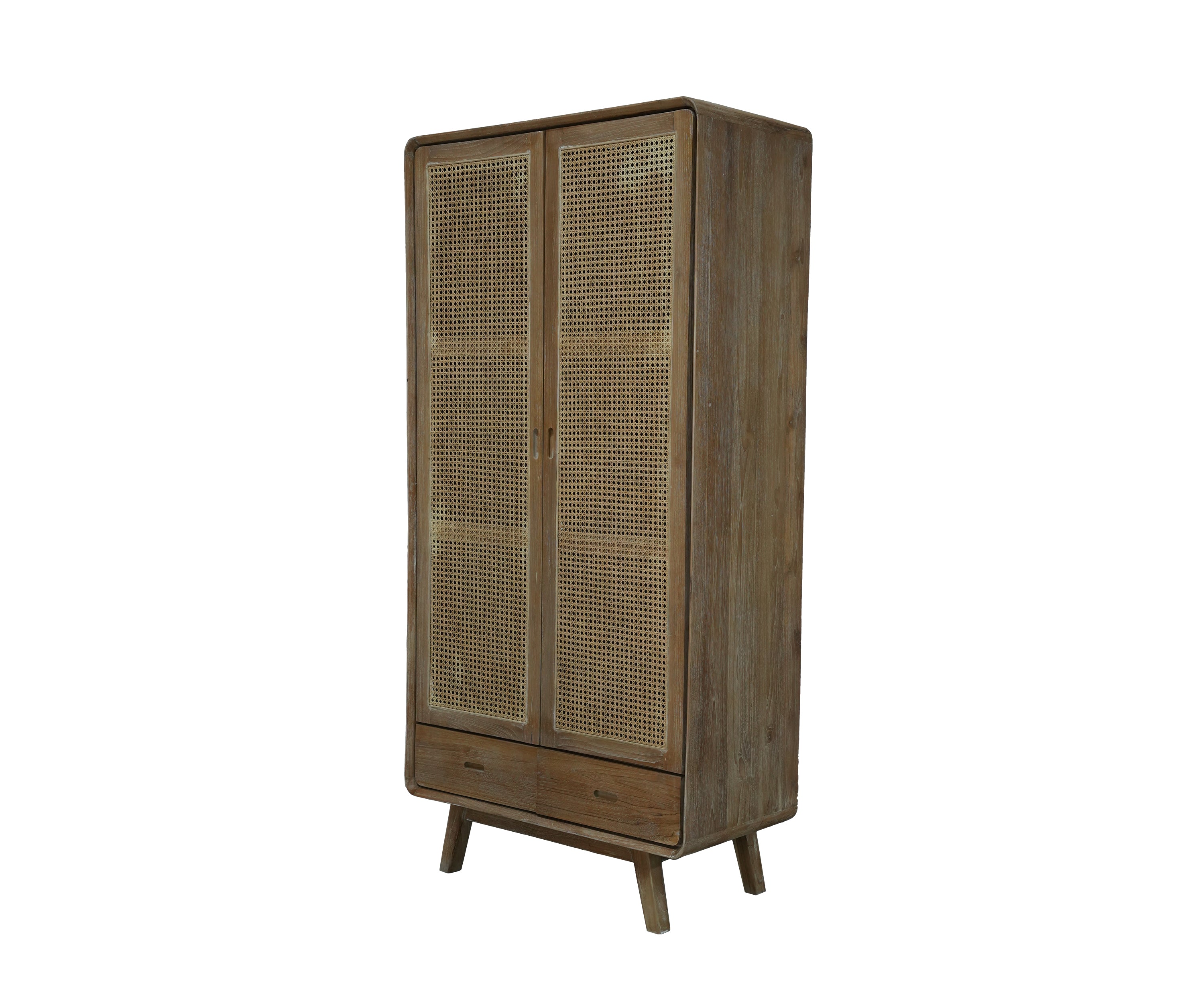 Natural Teak and Cane Double Door Wardrobe with Drawers
