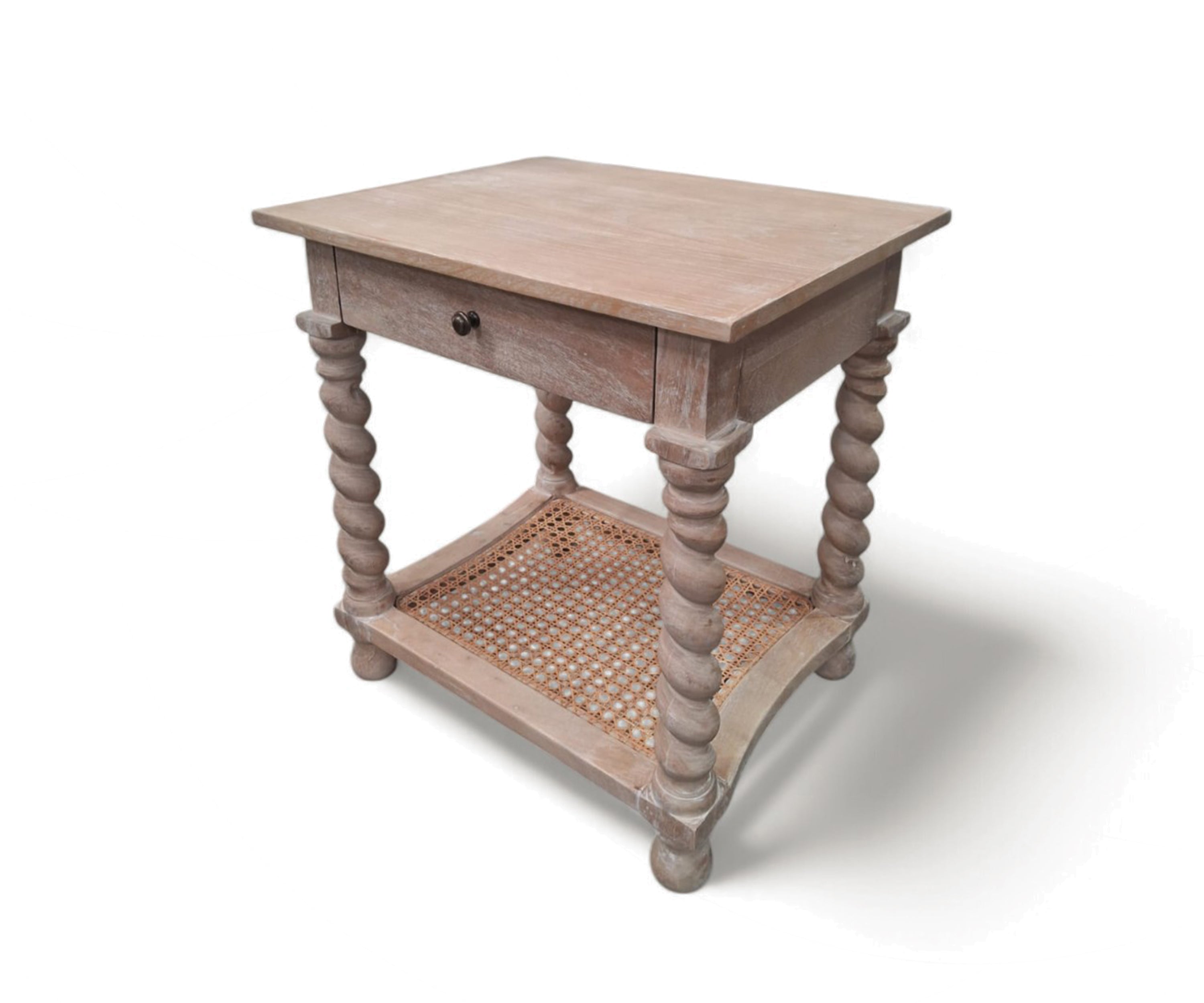 Natural Wood Barley Twist Bedside Table with Cane Shelf