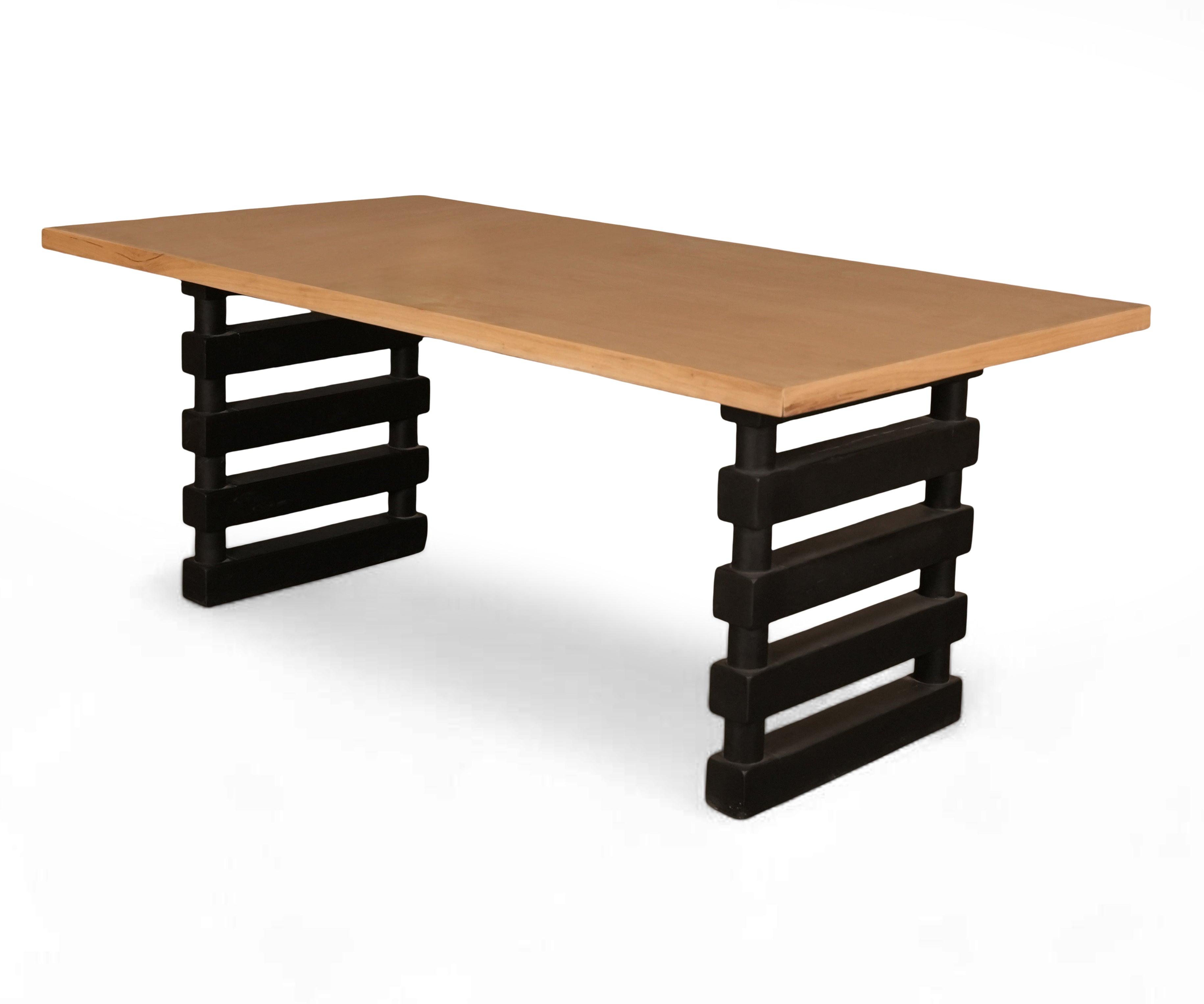 Natural Wood Dining Table with Black Sculptural Pedestal Base