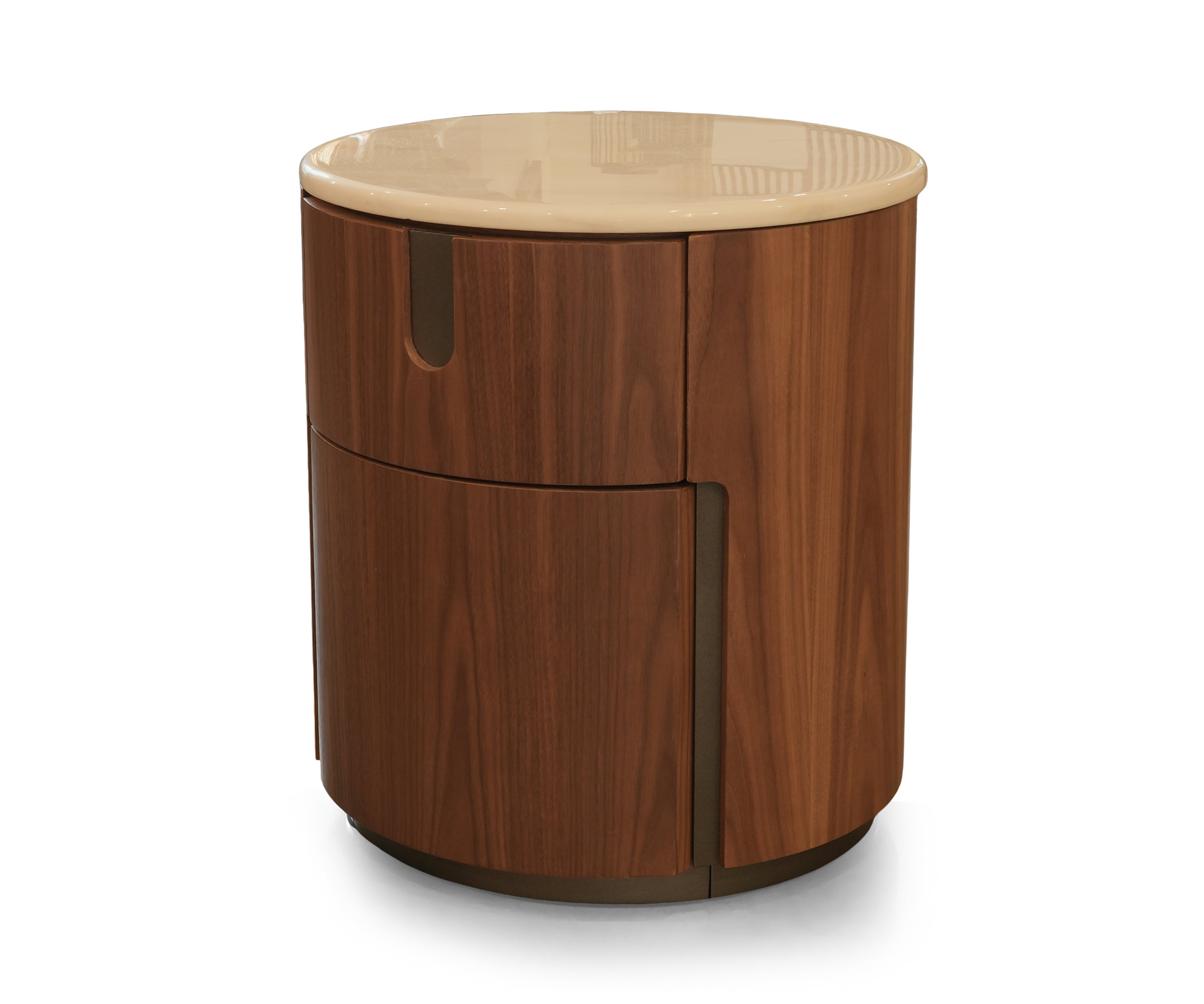 Rich Brown Acacia Round Marble-Top Bed Side Table