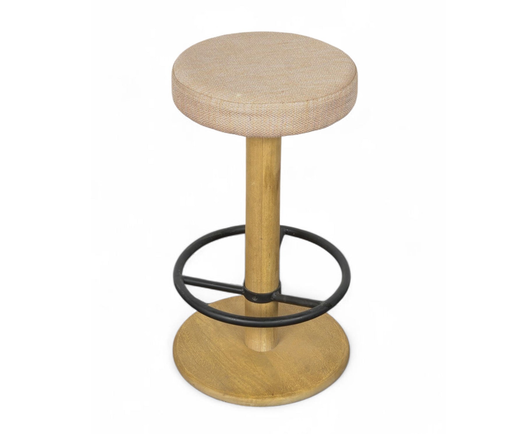 Round Upholstered Bar Stool with Solid Wood Base & Metal Footrest