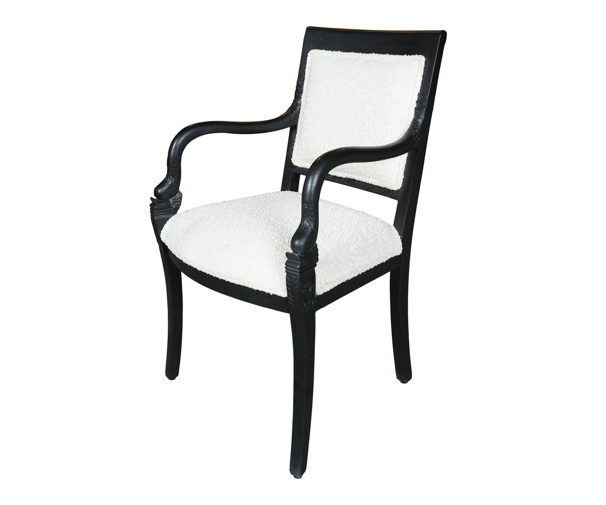 Bouclé Wooden Arm Chair with Carved Leaf Medallion in Black