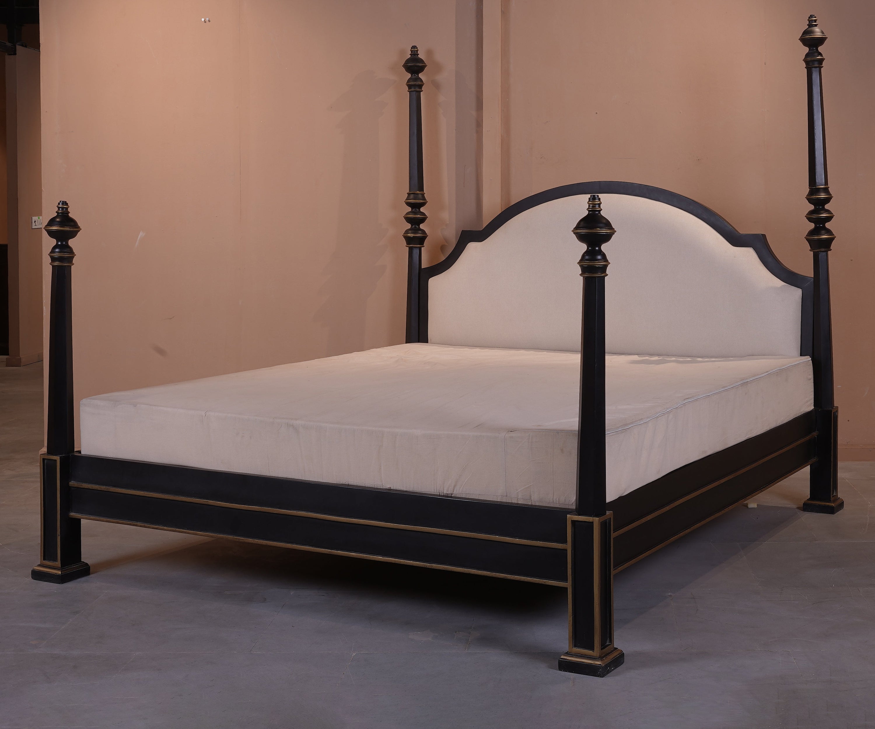 Black and Gold Four Poster Upholstered Bed with Arched Headboard
