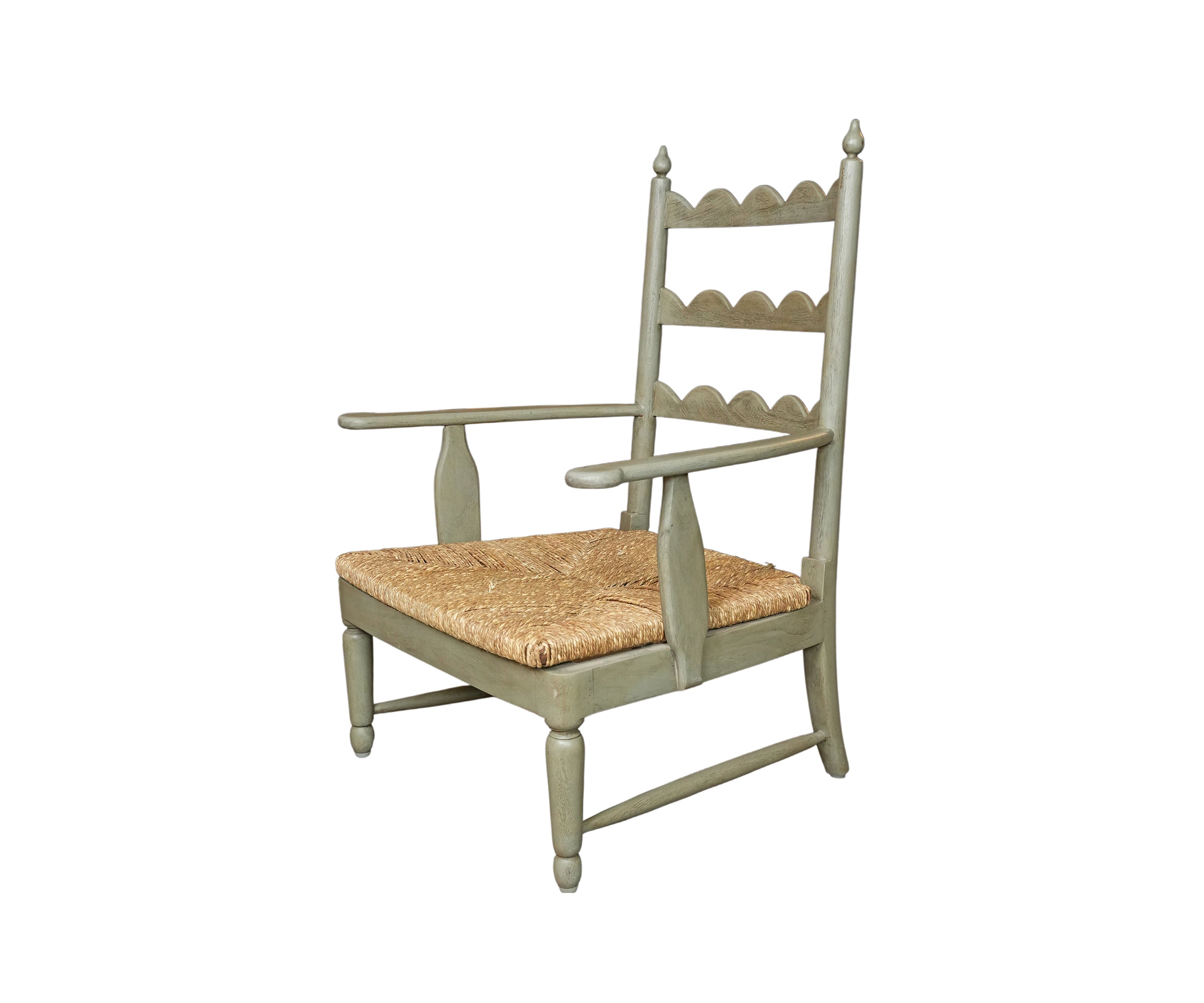 Sage Green Scalloped Armchair with Natural Fiber Seat