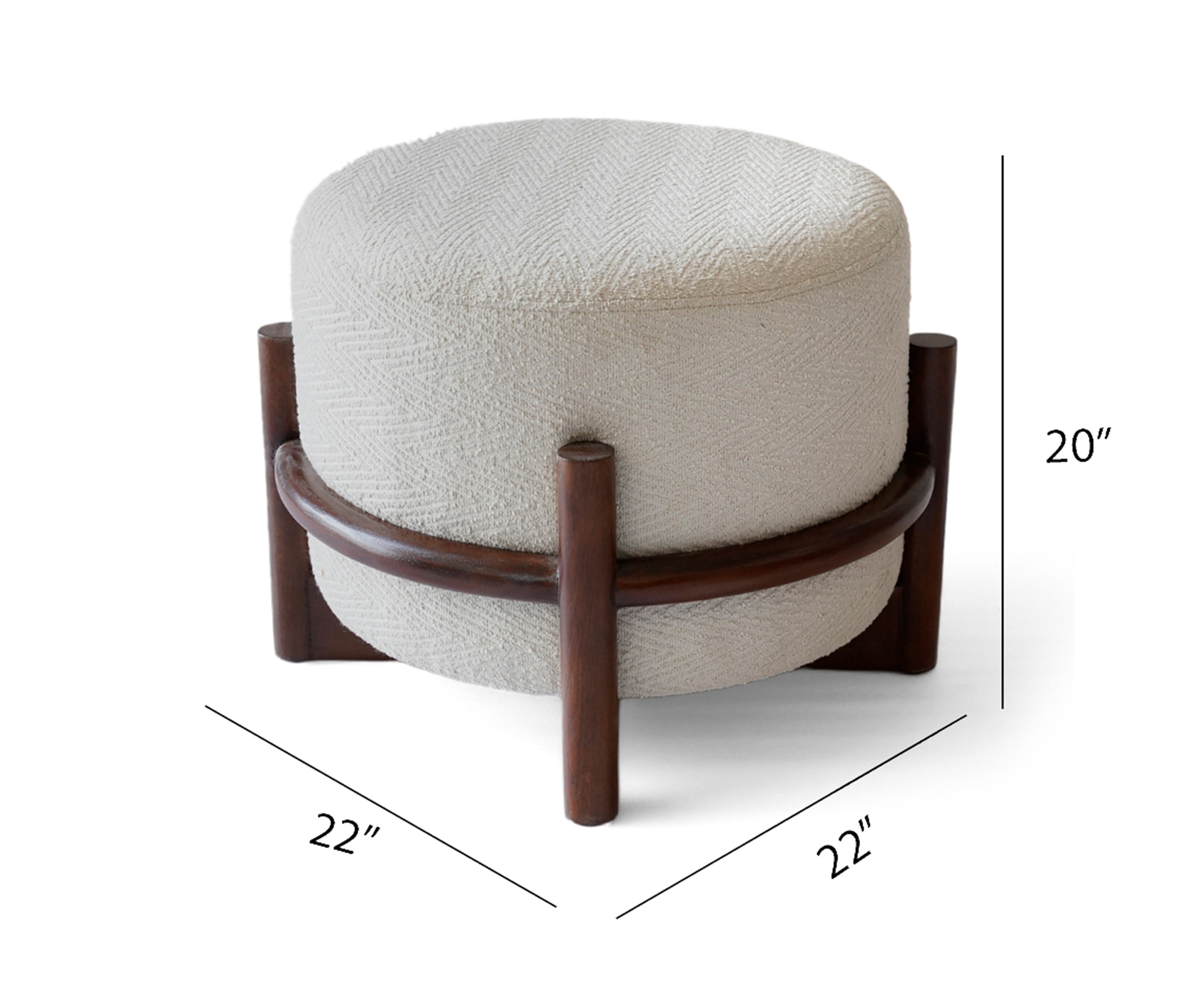 Cream Bouclé Round Ottoman with Teak Wood Base