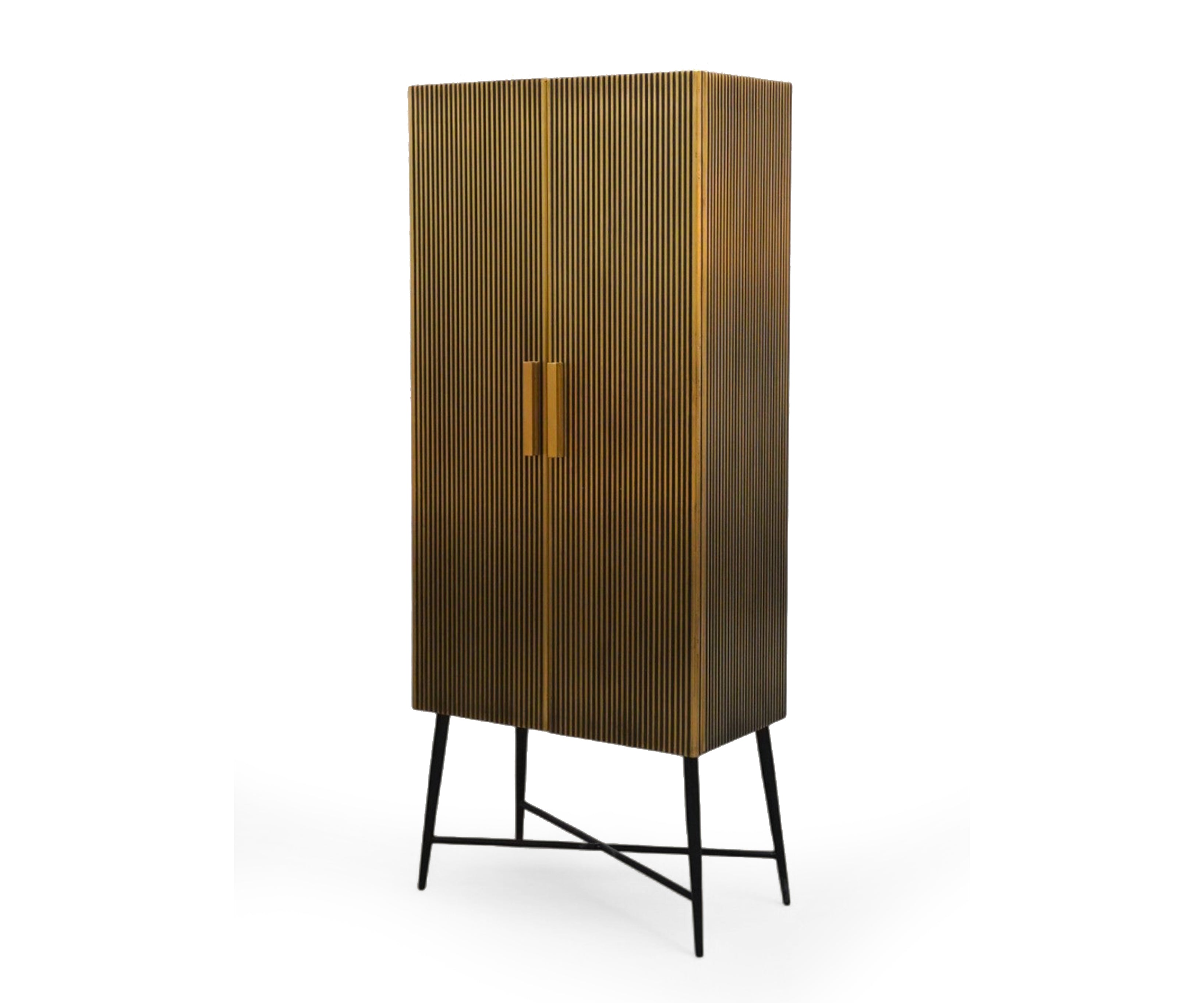 Tall Fluted Brass-Clad Storage Cabinet with Iron Legs