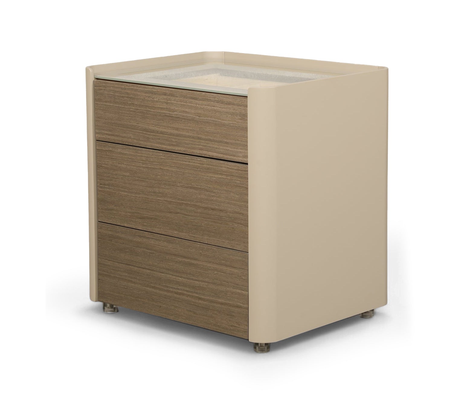 Taupe Organizer 3-Drawer Bed Side Table with Glass Top