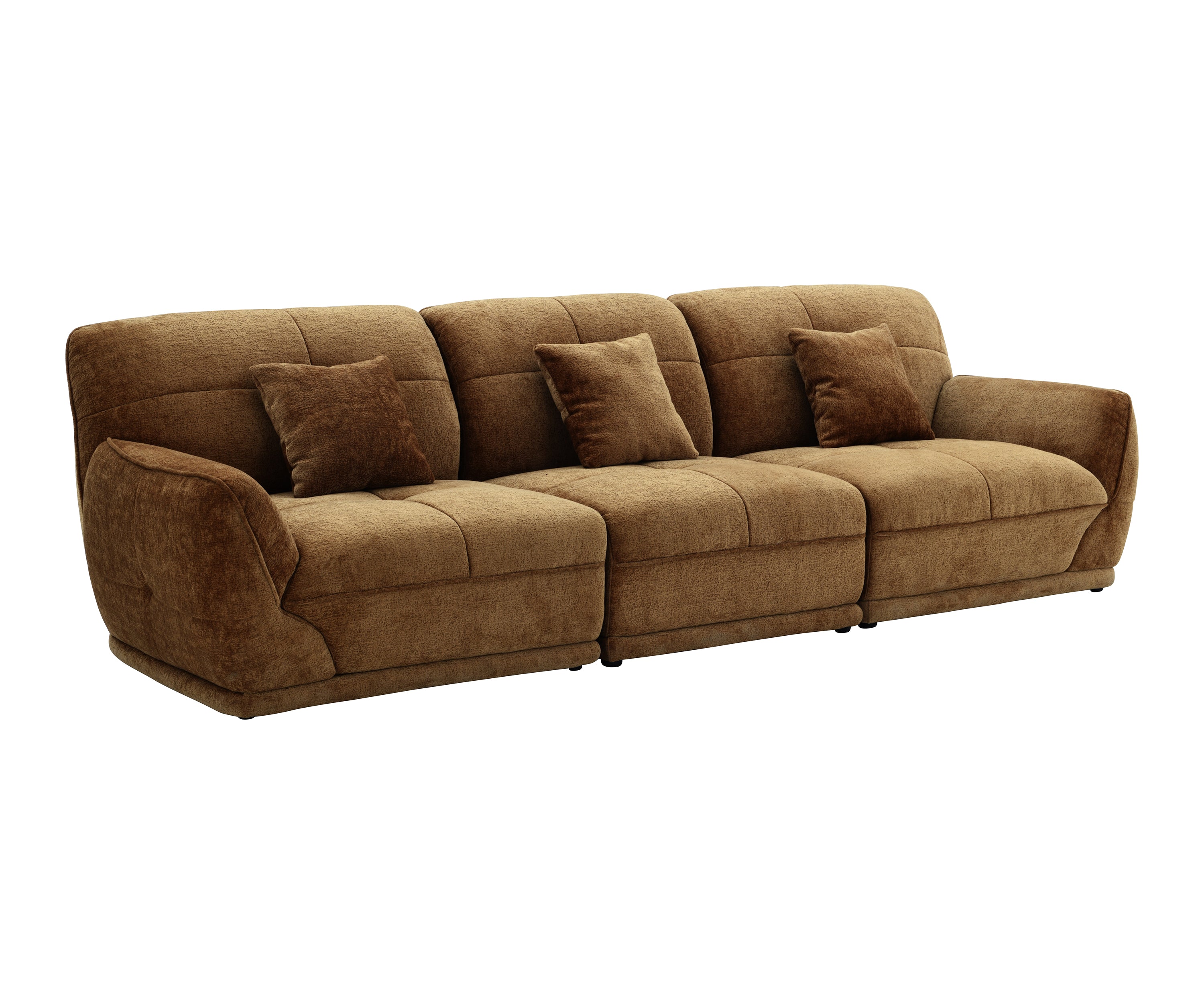 Caramel Brown Chenille 3-Seater Sofa with Grid-Tufted Back & Scatter Cushions