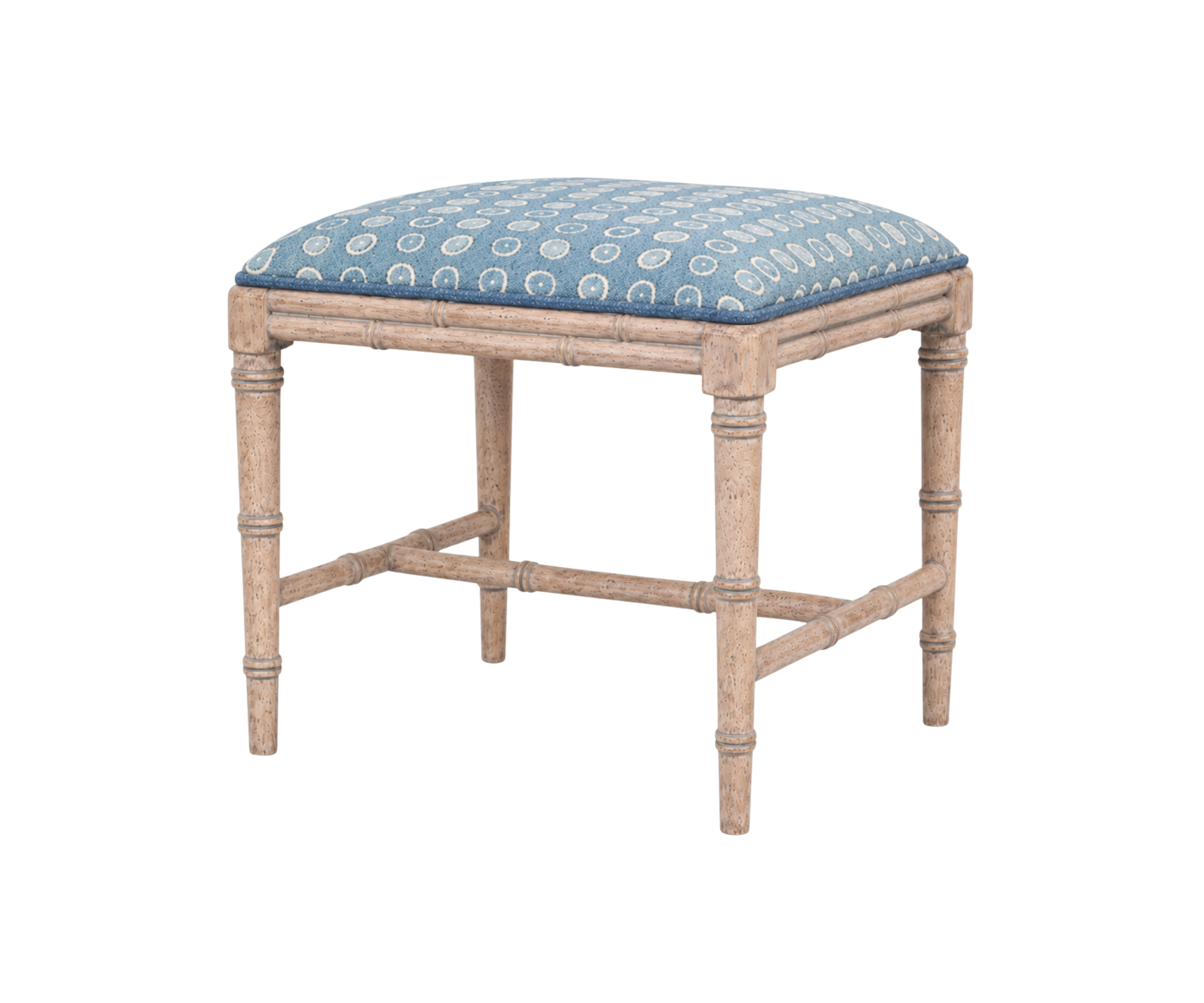 Blue and White Patterned Upholstered Stool with Bamboo-Style Legs