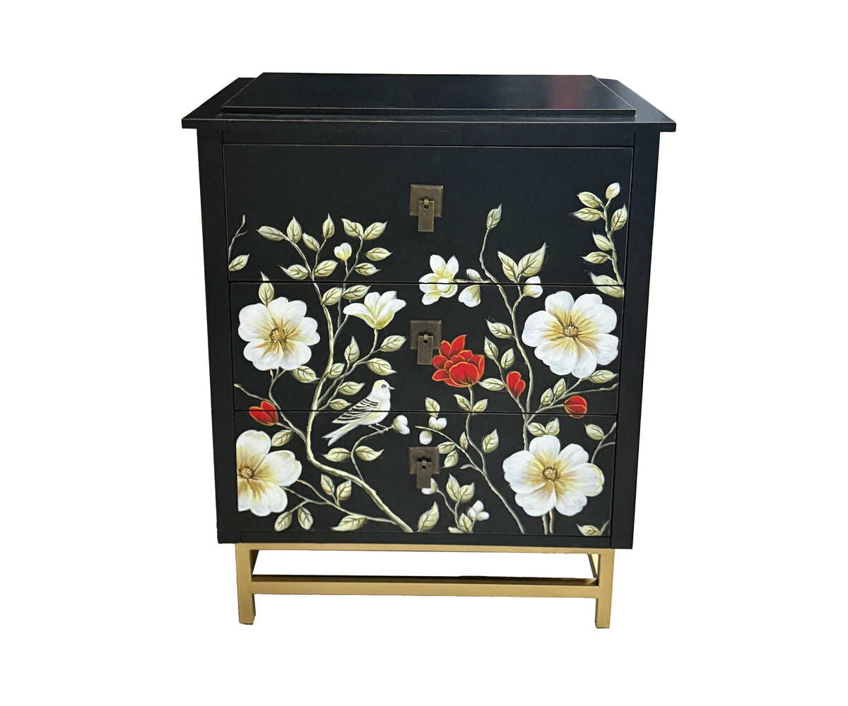 Matte Black Floral Accent 3-Drawer Nightstand with Metal Base