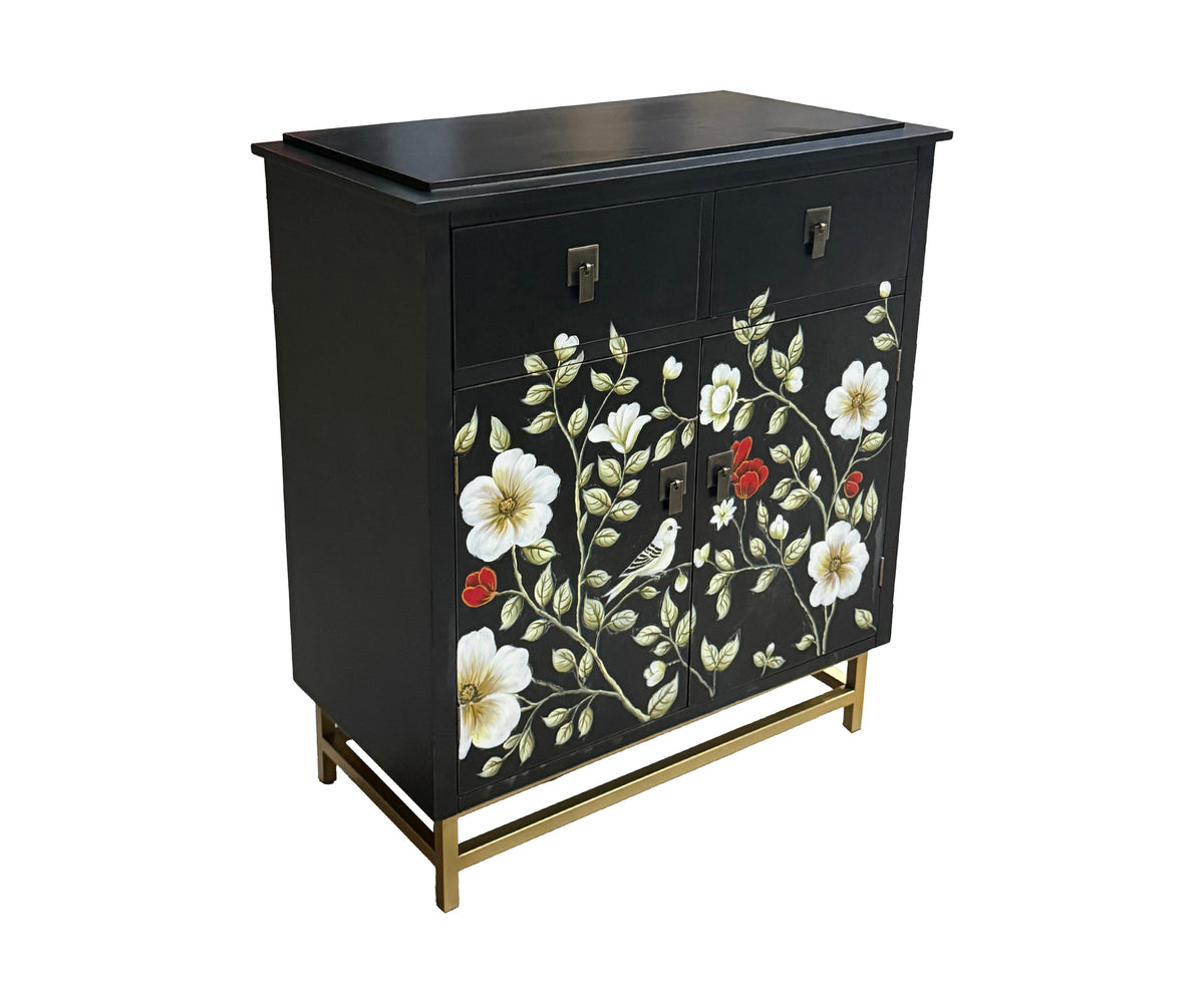Charcoal Black Floral Wooden 2-Drawer & 2-Door Bedside Table