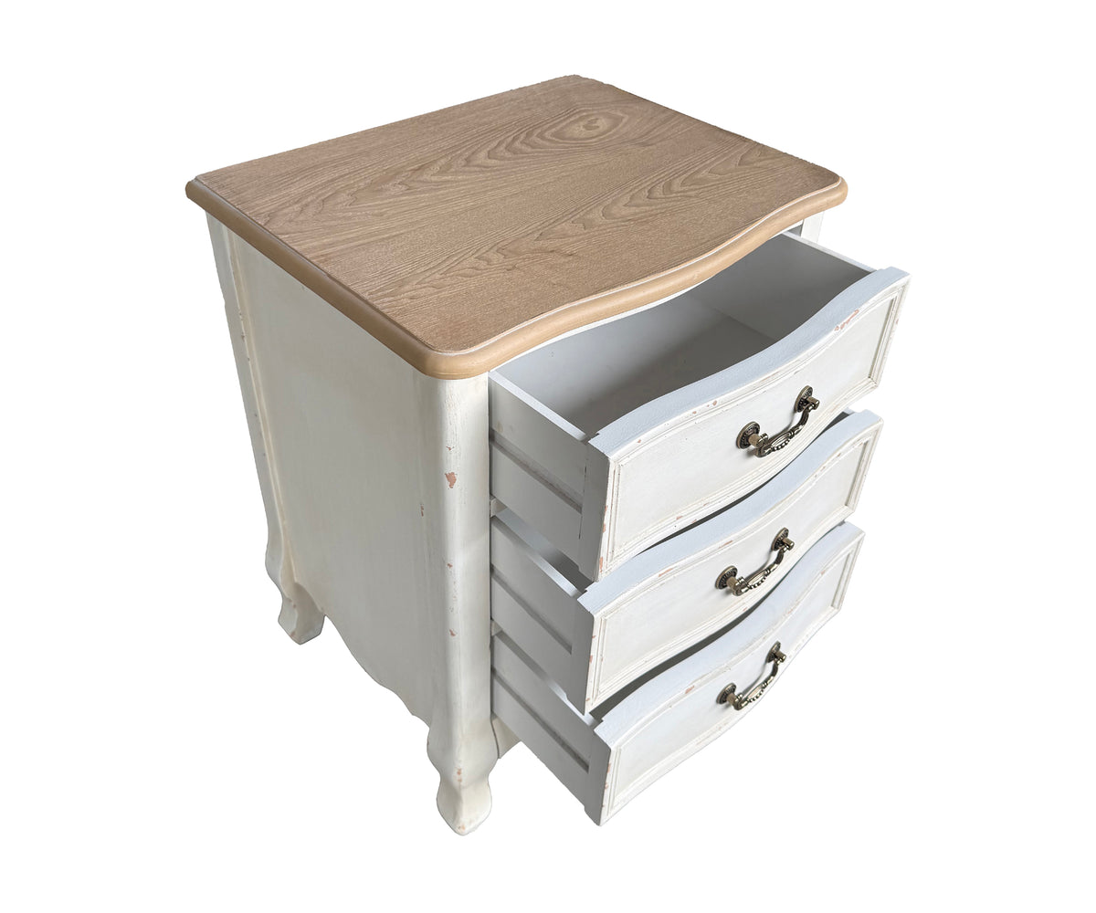 French Provincial Dual Toned 3-Drawer Bedside Table with Brown Top