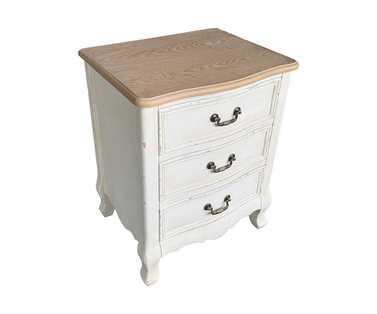 French Provincial Dual Toned 3-Drawer Bedside Table with Brown Top