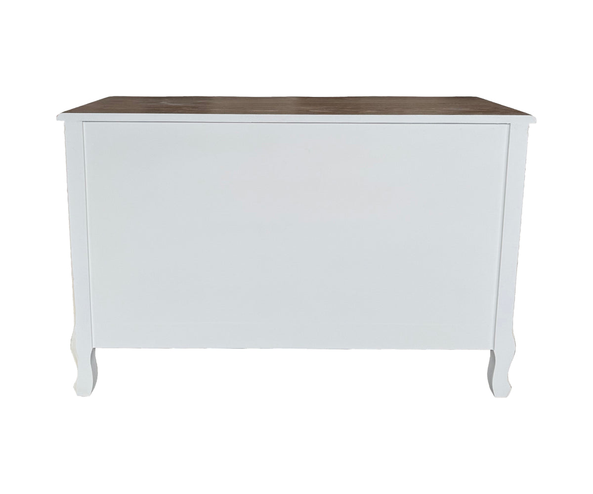 Distressed White Teak 6-Drawer Chest of Drawer with Natural Wood Top
