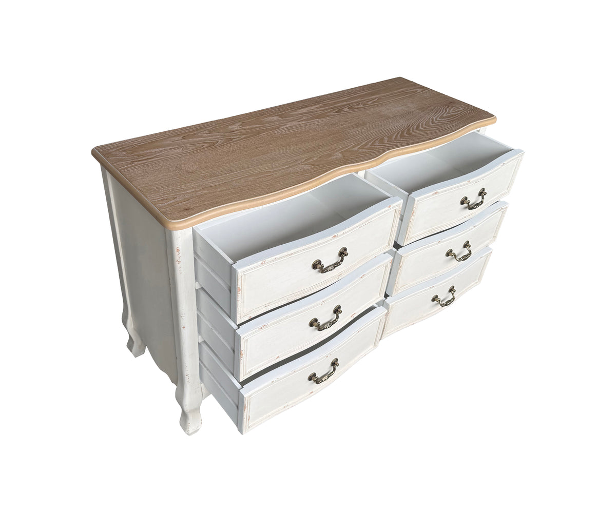 Distressed White Teak 6-Drawer Chest of Drawer with Natural Wood Top