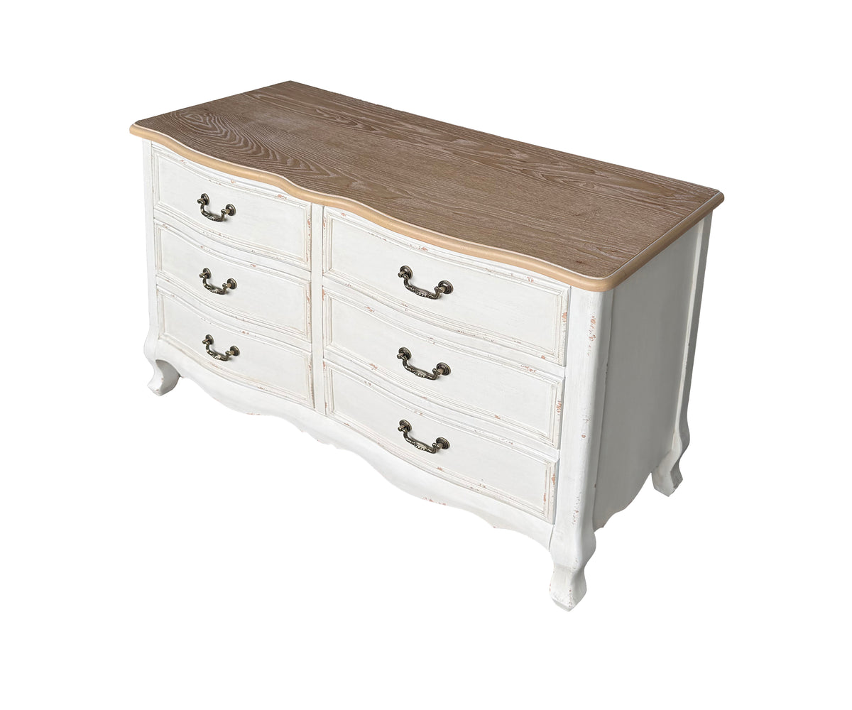 Distressed White Teak 6-Drawer Chest of Drawer with Natural Wood Top