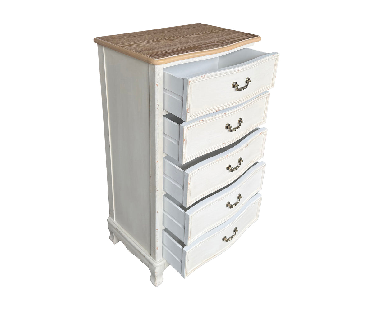 Tall French Provincial Teak 5-Drawer Bedside Table