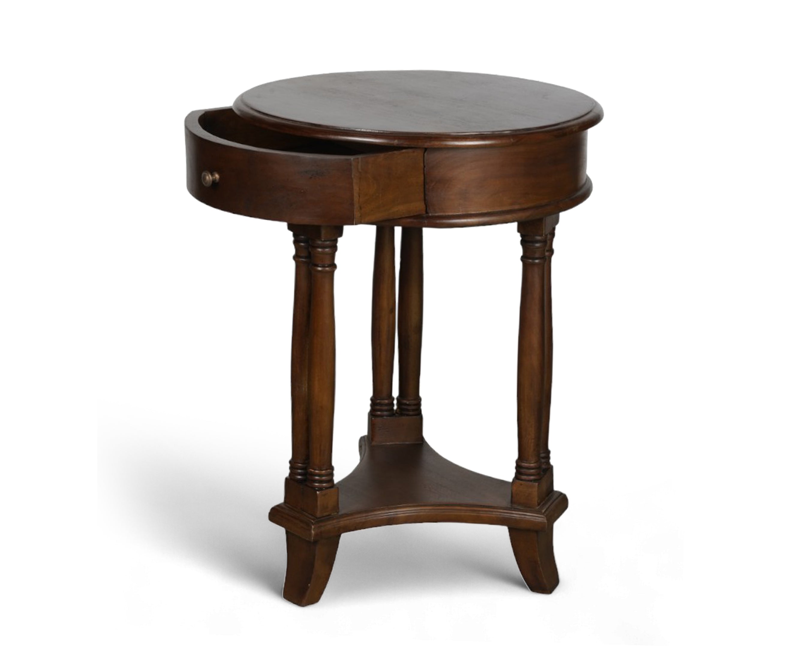 Walnut Round Pedestal Bed Side Table with Drawer