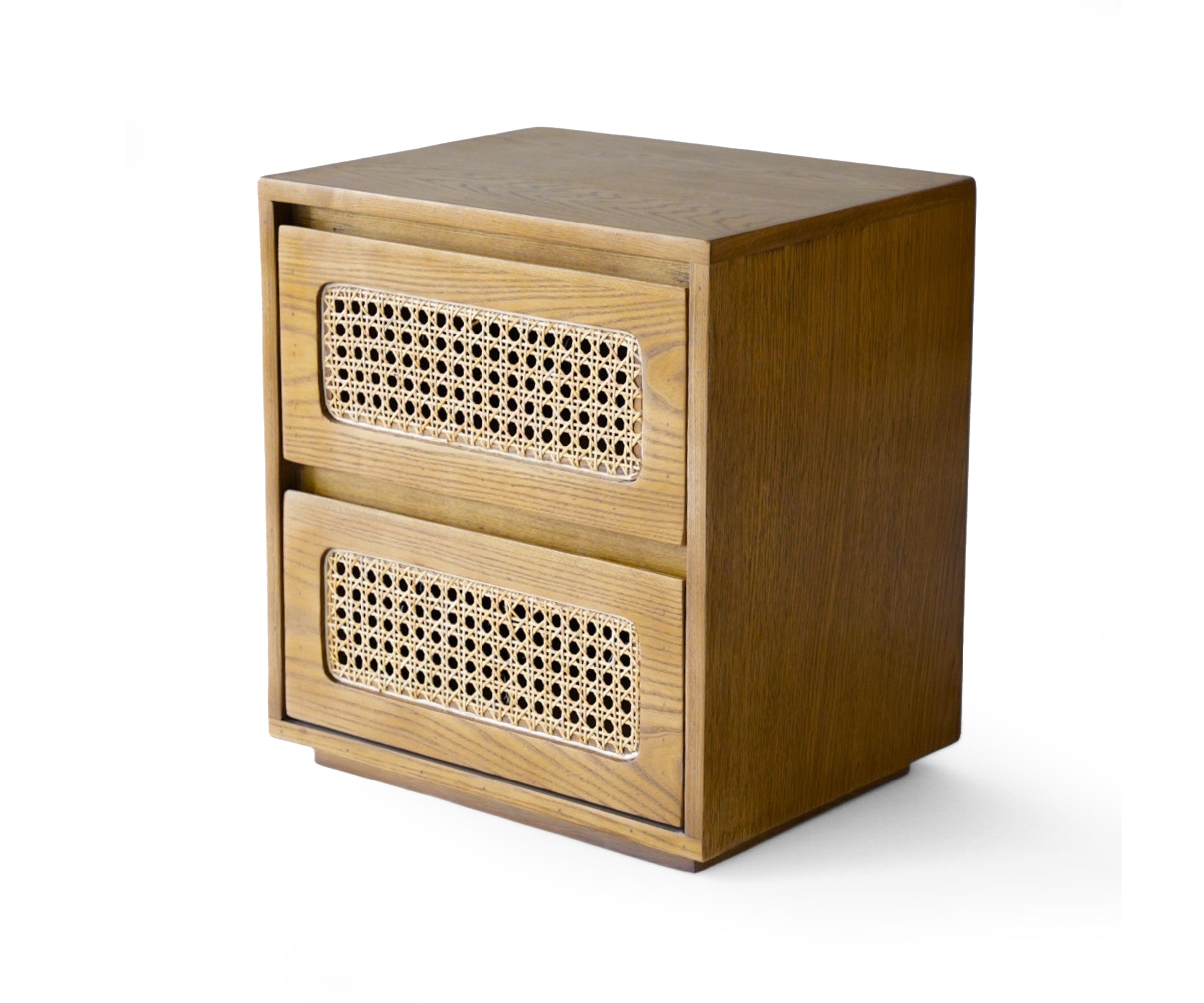 Walnut Woven Cane Bed Side Table with 2 Drawers
