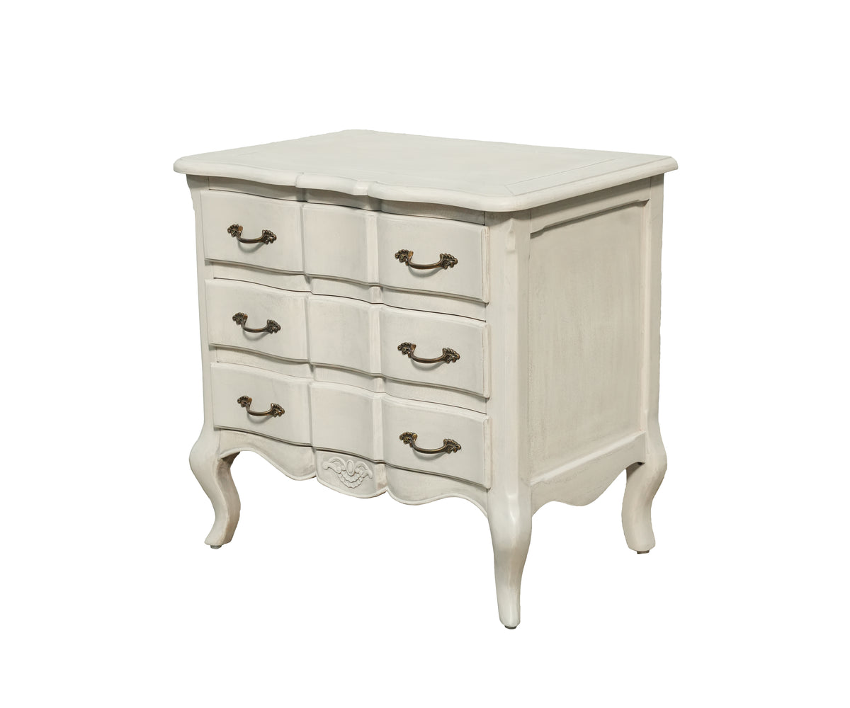White Carved Three-Drawer Chest with Antique Brass Hardware