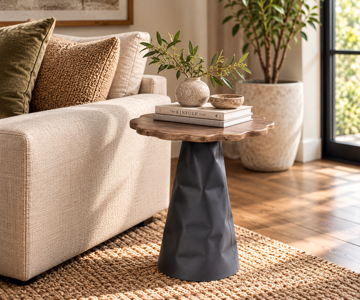 Charcoal Black Metal Petite Pedestal Table with Scalloped Wooden Top