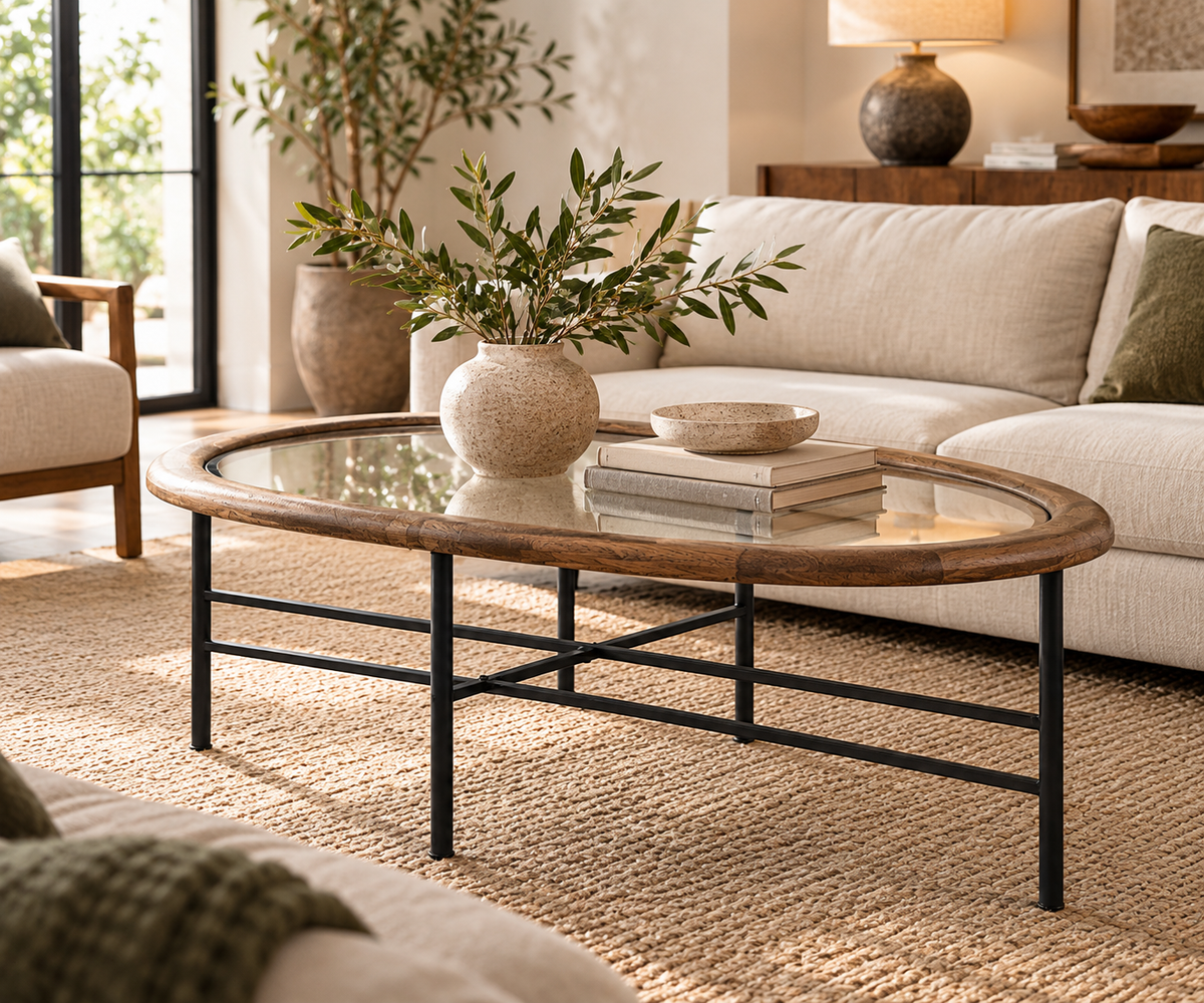Low Oval Glass Coffee Table with Matte Black Metal Frame