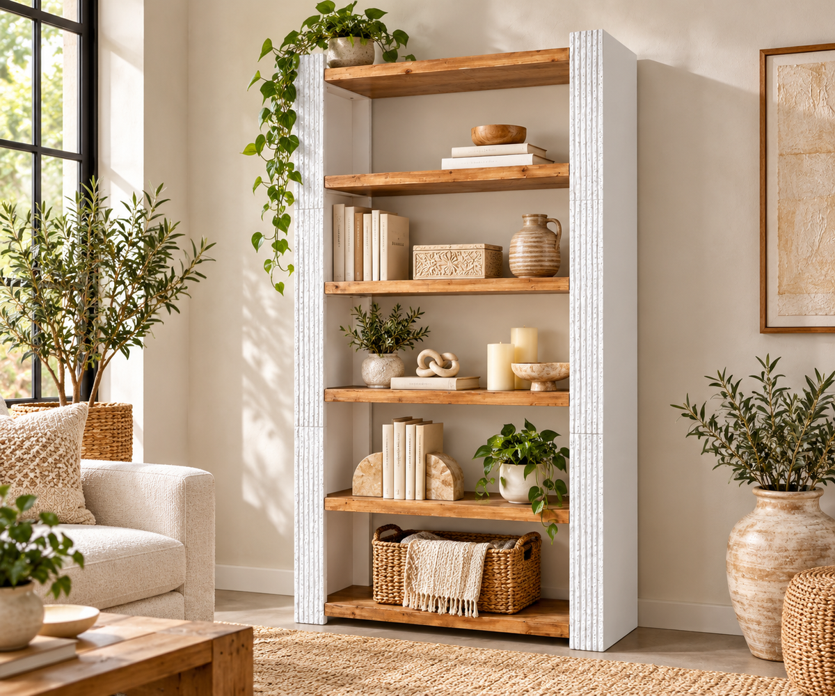 Tall Teak Display 5-Open Shelves Shelf with White Fluted Frame