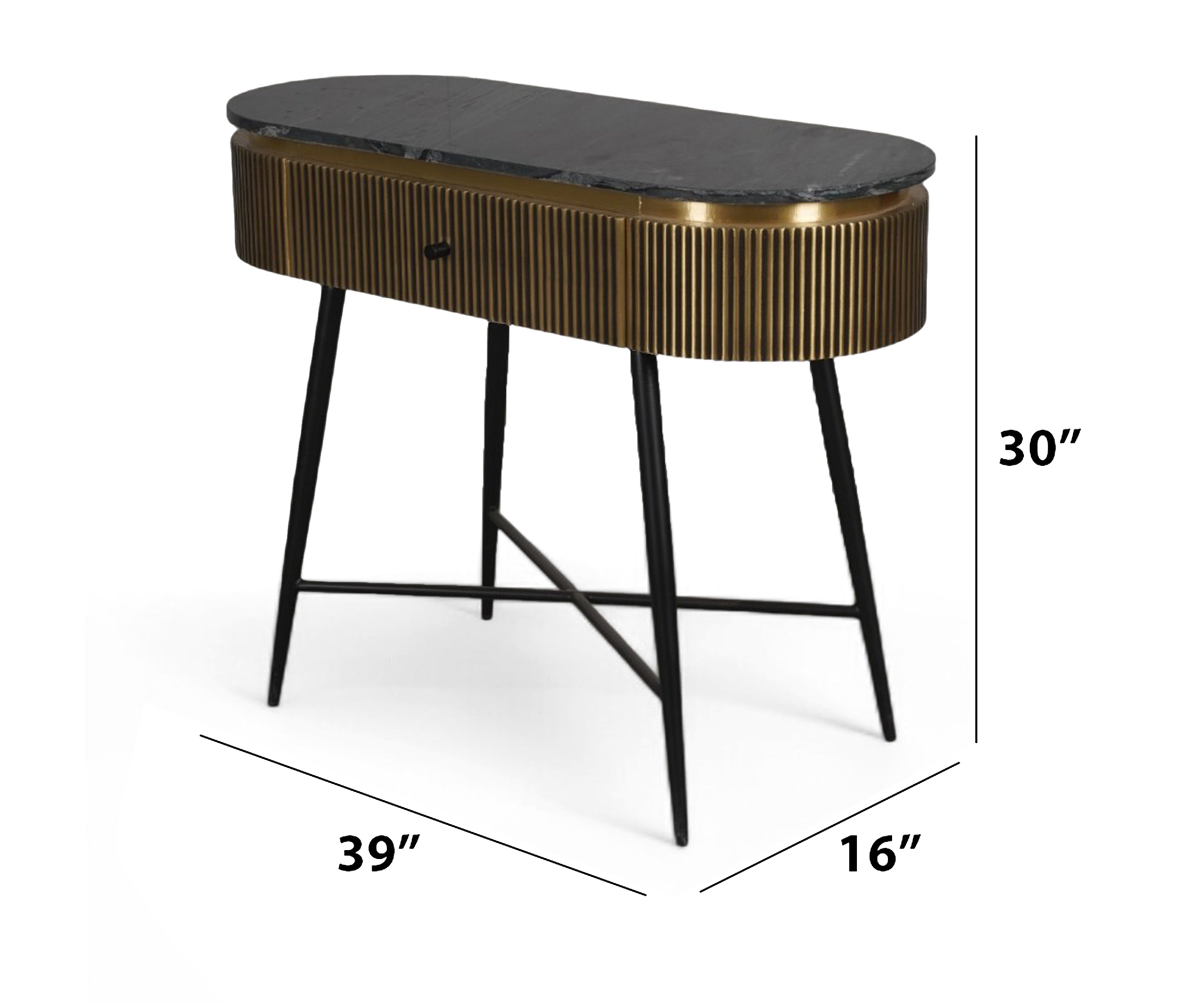 Brown Acacia Wood Console Table with Marble Top and Brass Details