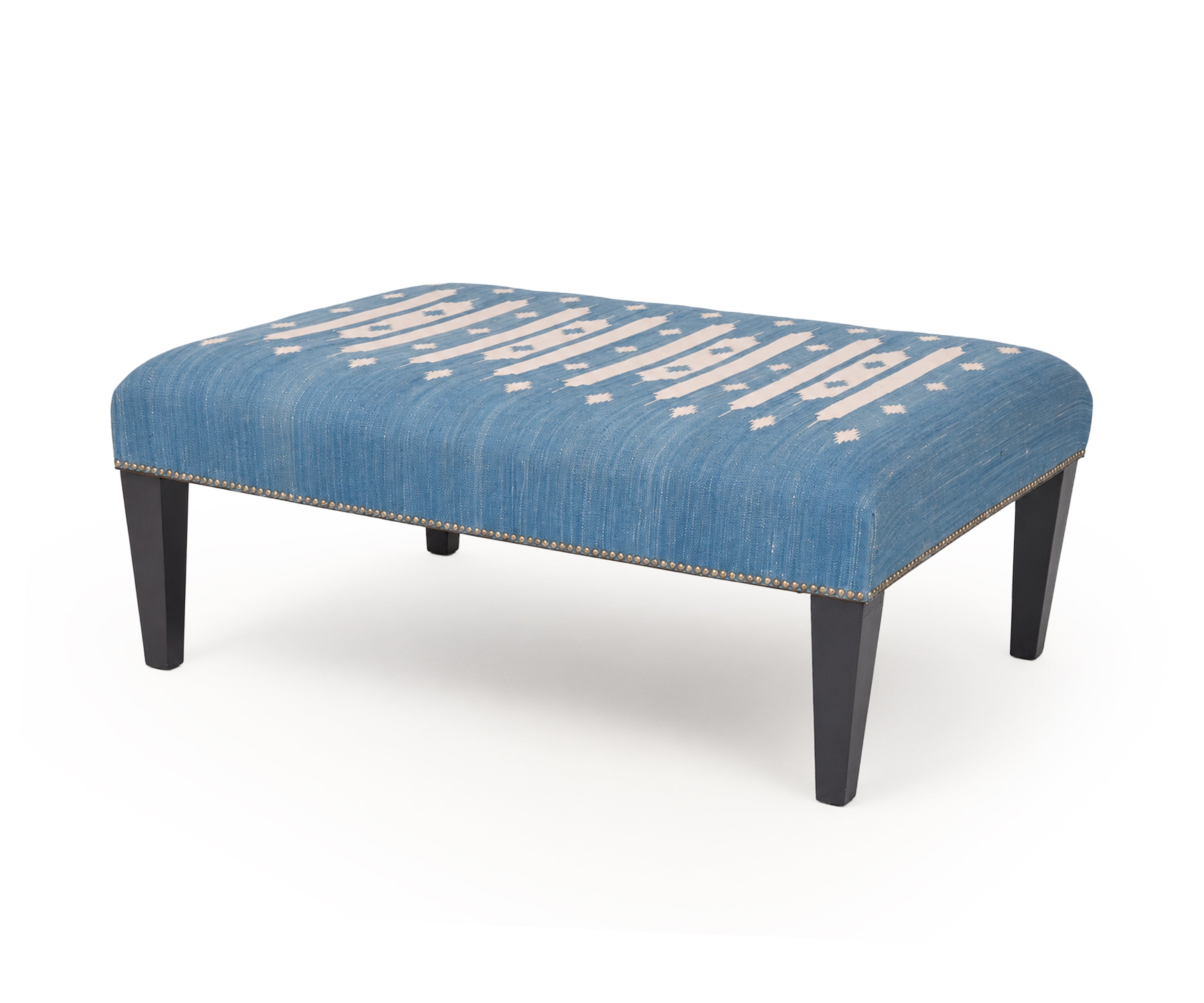 Blue Cotton Woven Durrie Ottoman with Metal Stud Detailing