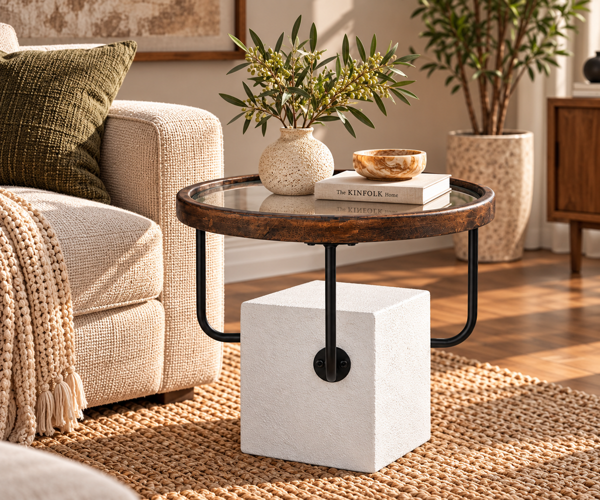Modern Fluted Petite GRC Side Table with Floating Glass Top