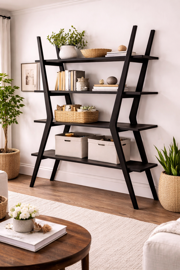 Danish Style Black Ladder Bookshelf with 4 Open Shelves