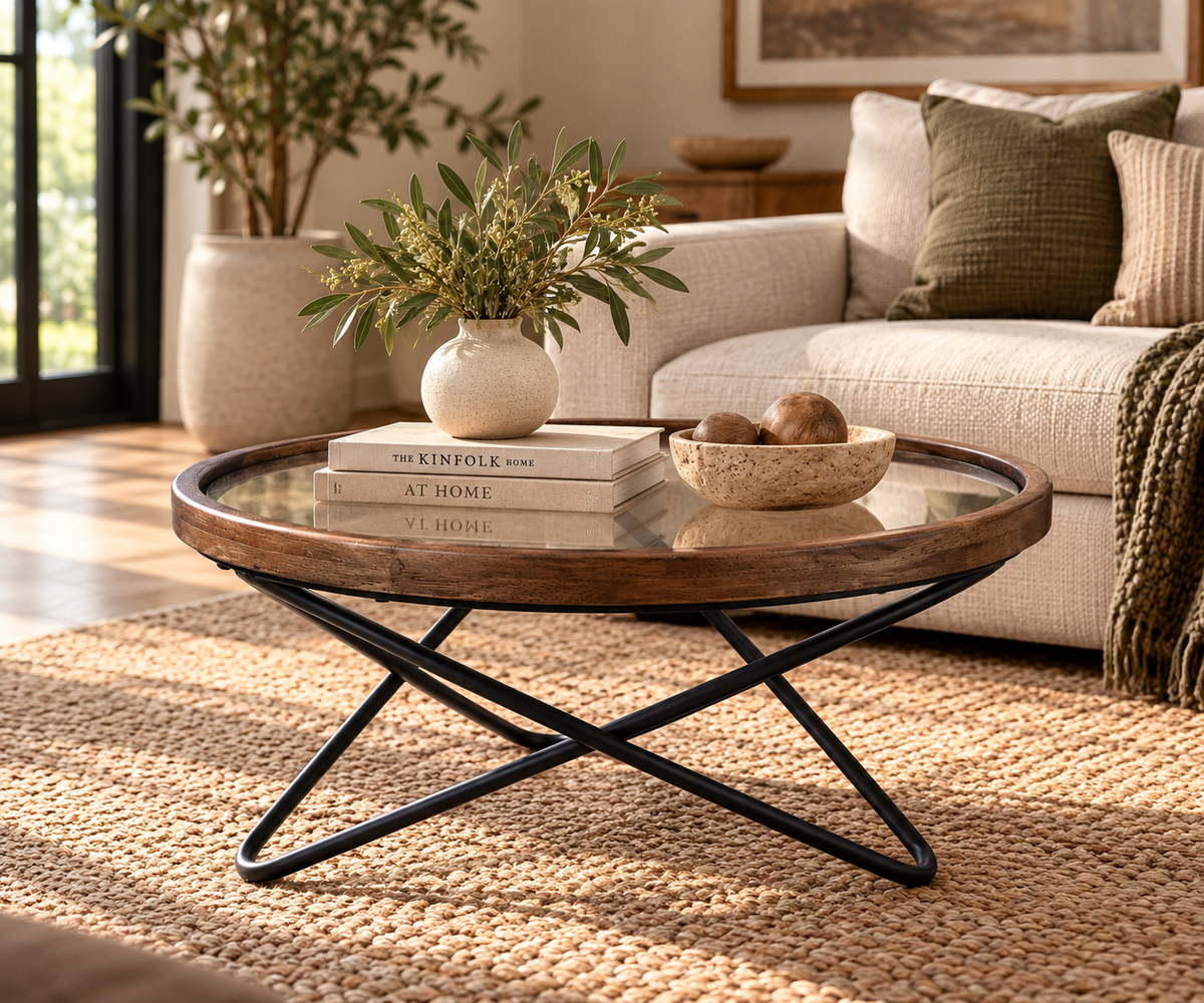 Low Round Teak Coffee Table with Angular Legs
