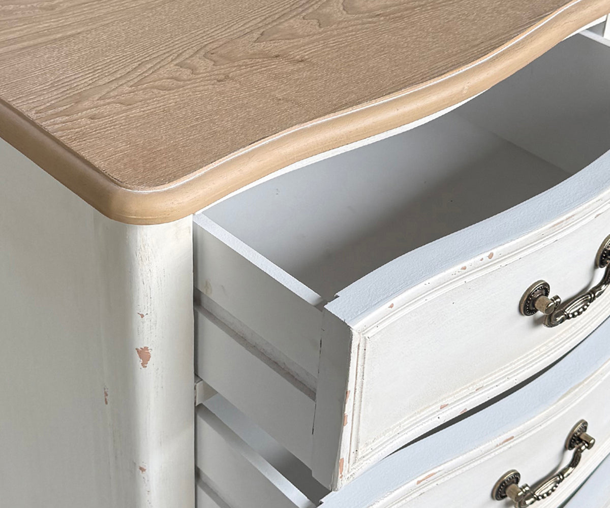 French Provincial Dual Toned 3-Drawer Bedside Table with Brown Top