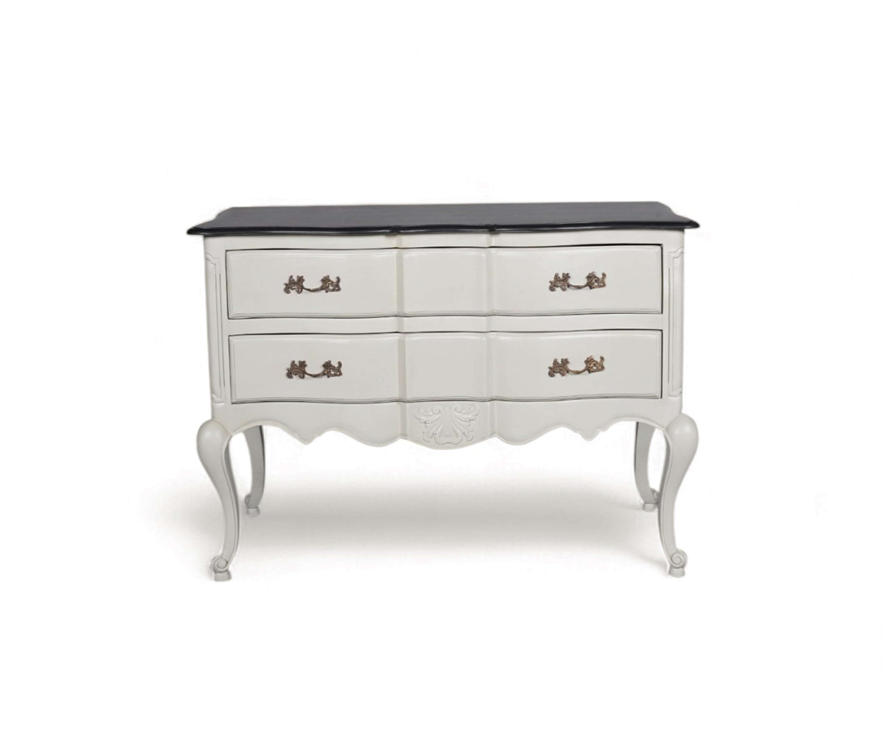 French Style Two Drawer Chest of Drawers with Black Top