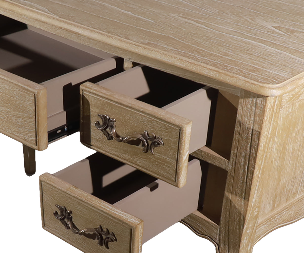 Light Brown French Provincial 5-Drawer Study Table with Curved Legs