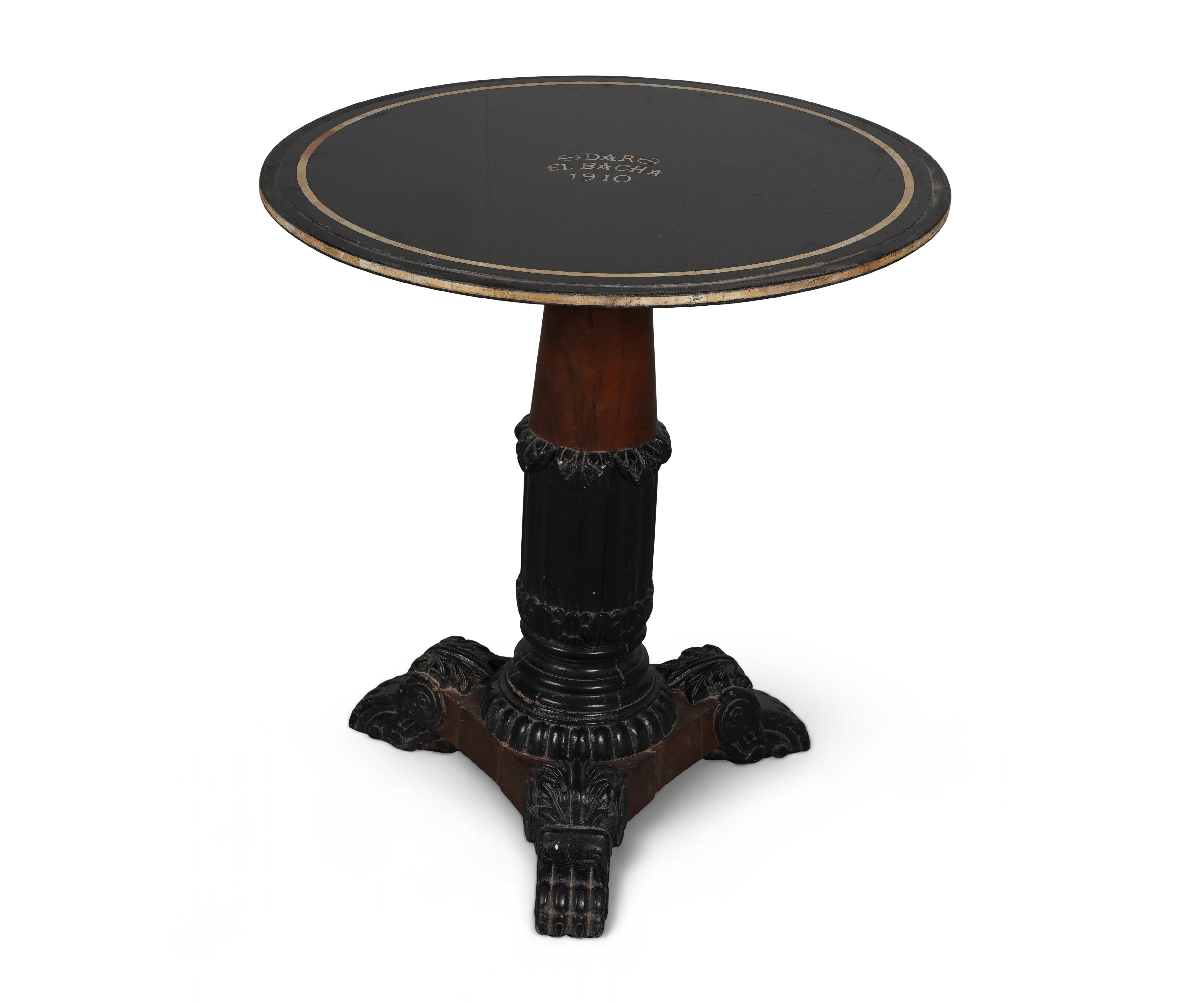Round Marble Inlay Side Table with Carved Wood Base