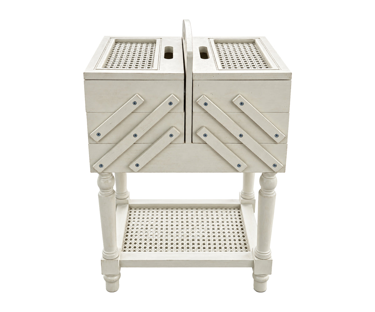 White Folding Accordion Bedside Table with Expandable Storage & Rattan Shelf